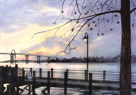 Riverglow Sunset on the Cape Fear Bridge and Riverwalk Giclée Print