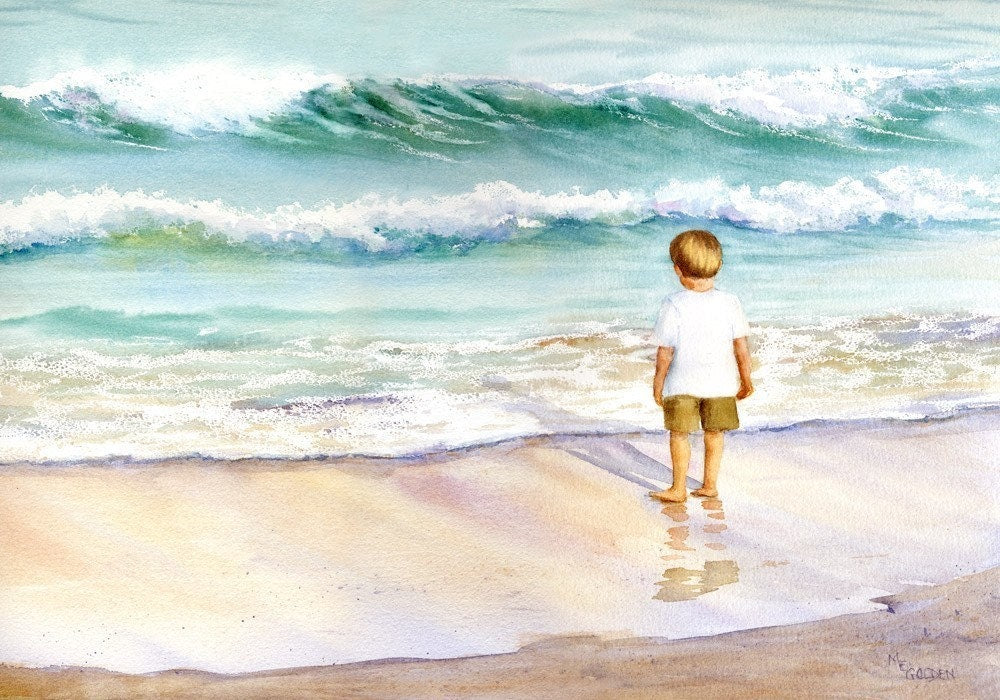 Wave Wishing with small boy beside the ocean Giclée Print