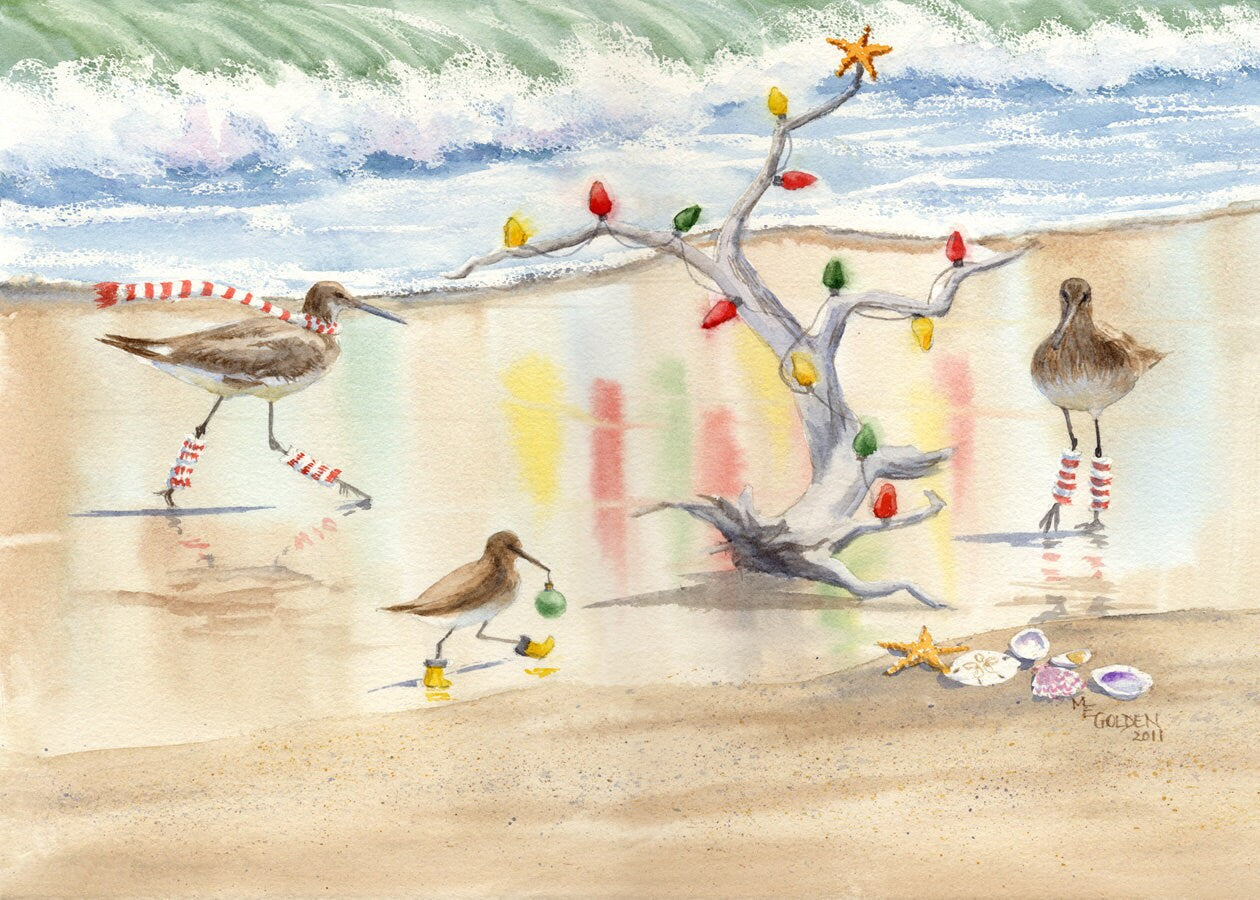 Decking the Tree sandpipers lighting driftwood Christmas tree Giclée Print